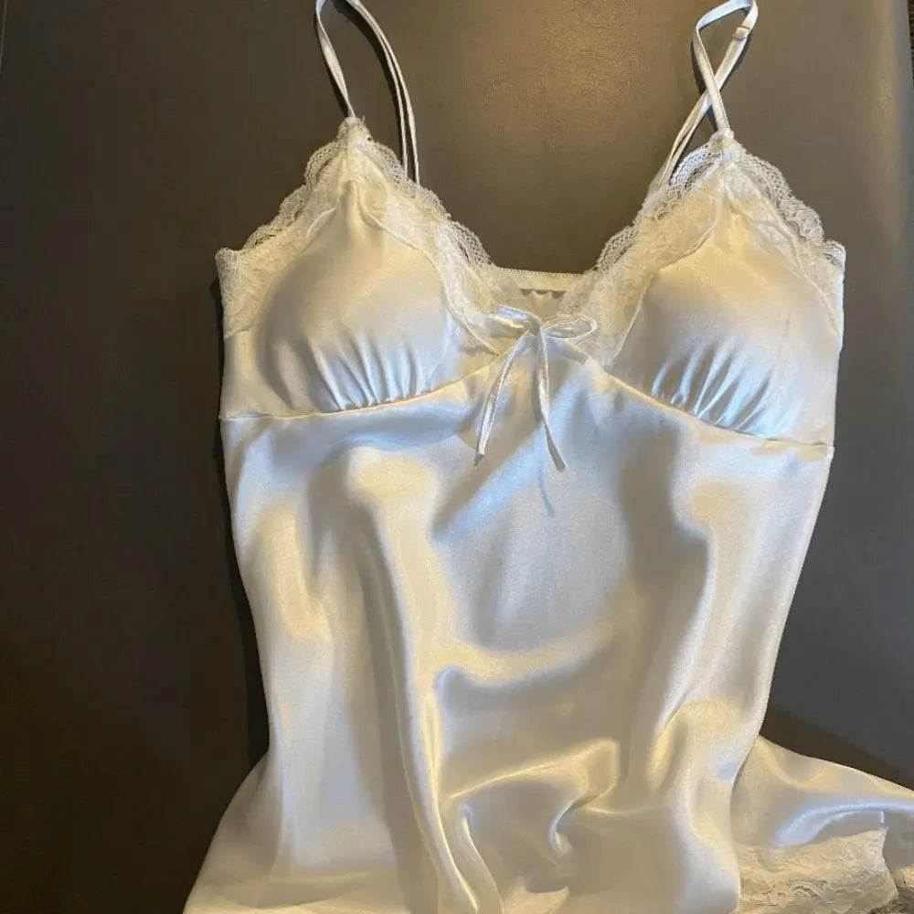Lace Bow Satin Slip Nightgown | Sleeveless Women's Dress Slip Nightgown Dress Peaceful Pleasures Health and Wellness