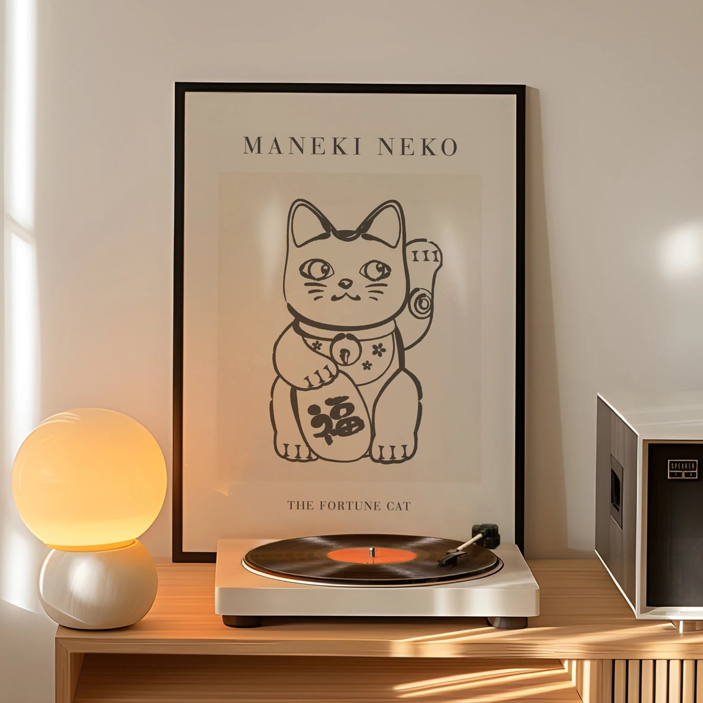 Maneki Neko Black & White Minimalist Canvas Wall Art Print