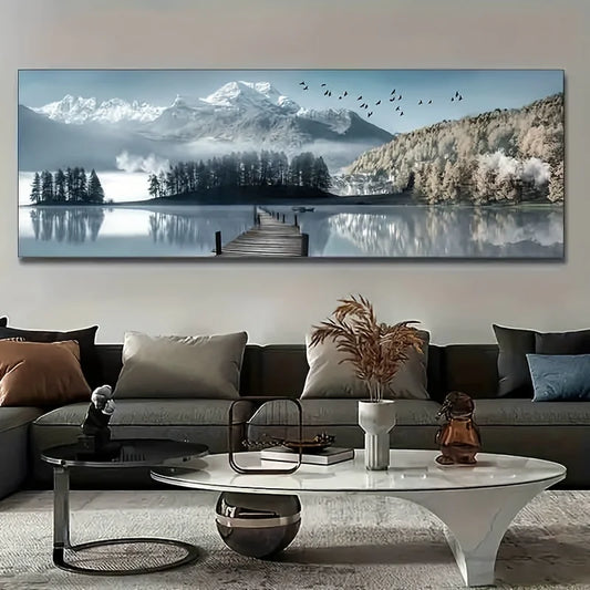 Large Vintage Canvas Art Print Snowy Mountains, Jungle & Lake Scenery Frameless Wall Decor for Living Room, Bedroom, Home Office Peaceful Pleasures Health and Wellness ZLH3416 80x240cm Unframed