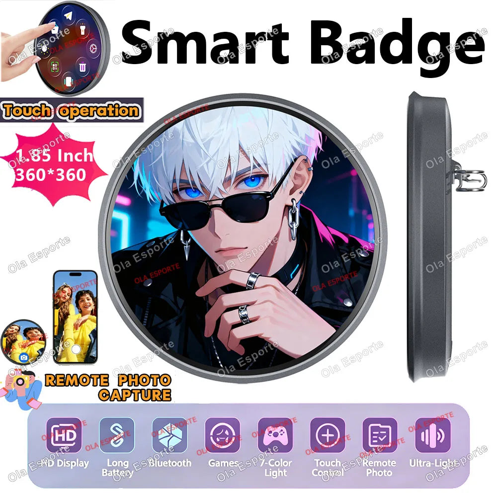 Electronic Badge HD Display Screen Bluetooth GIF Video Playback Touch Screen LED Audible Video Play Dynamic Smart Badge Fans New Peaceful Pleasures Health and Wellness 1.85Inch D 1 piece