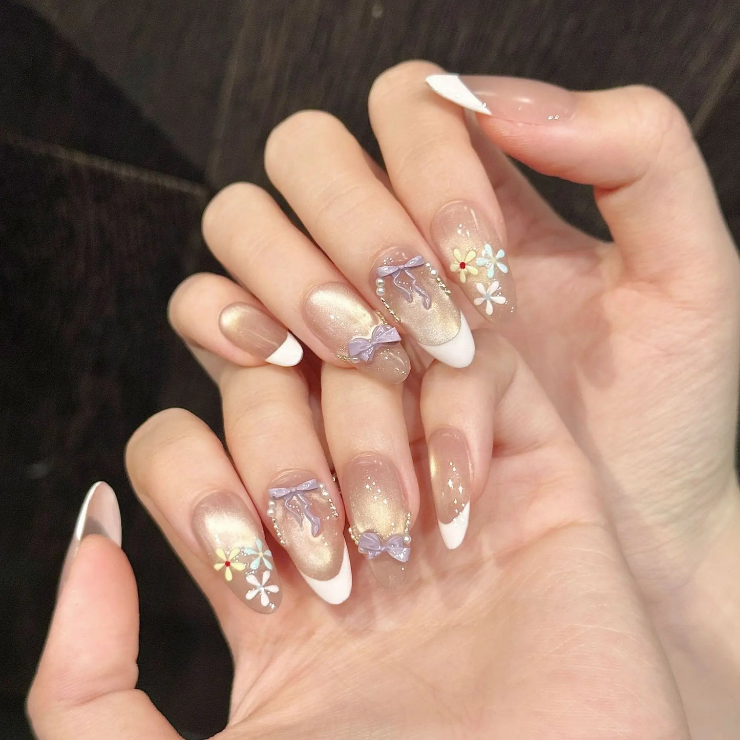 French Cat Eye Press On Nails | Purple Flower Almond Shape 10pcs