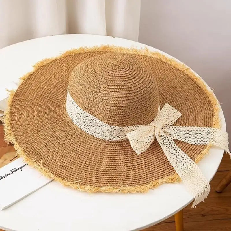 Women's Oversized Bow Straw Sun Hat – UV Protection Beach Hat