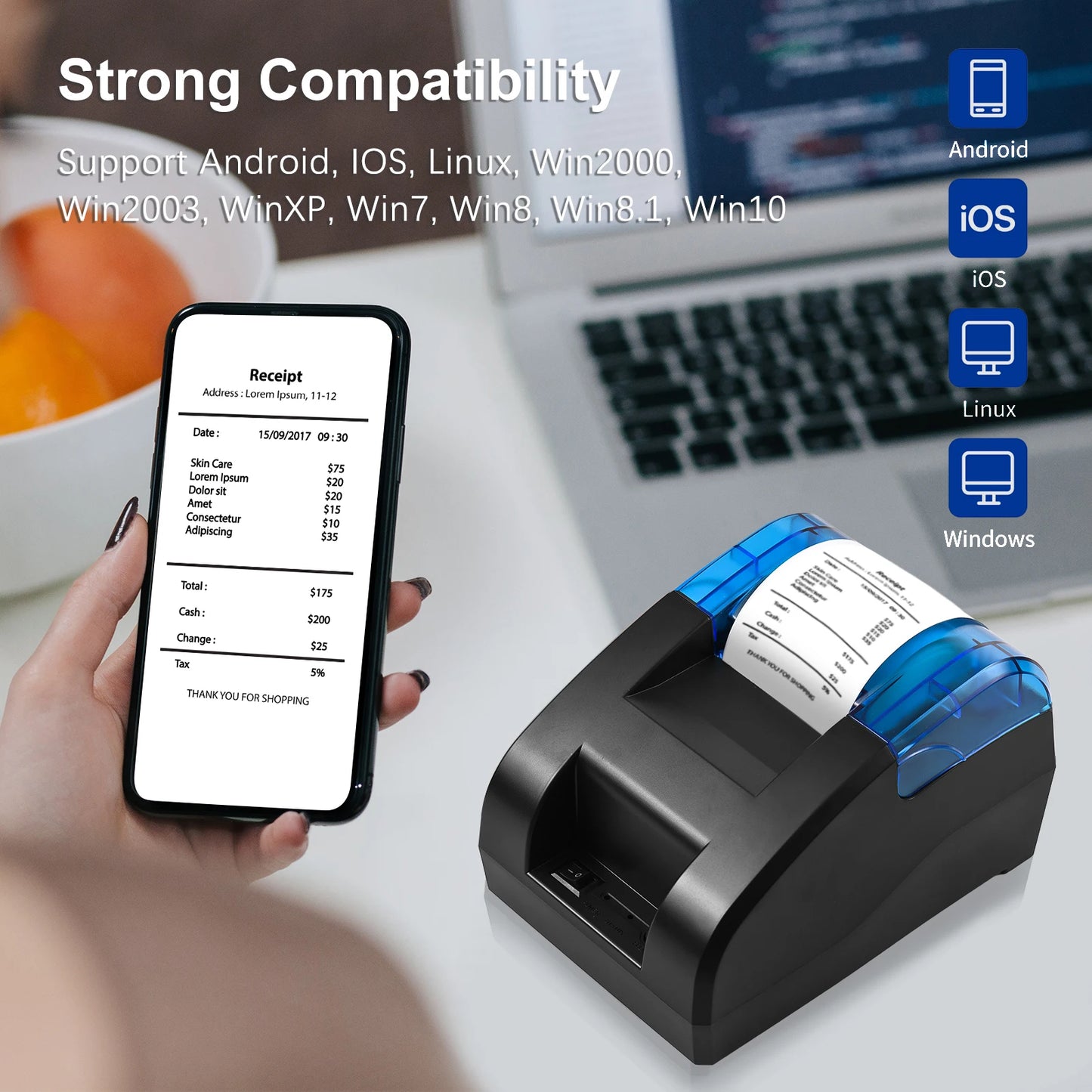 58mm USB Bluetooth Thermal Receipt Printer – Barcode & Logo