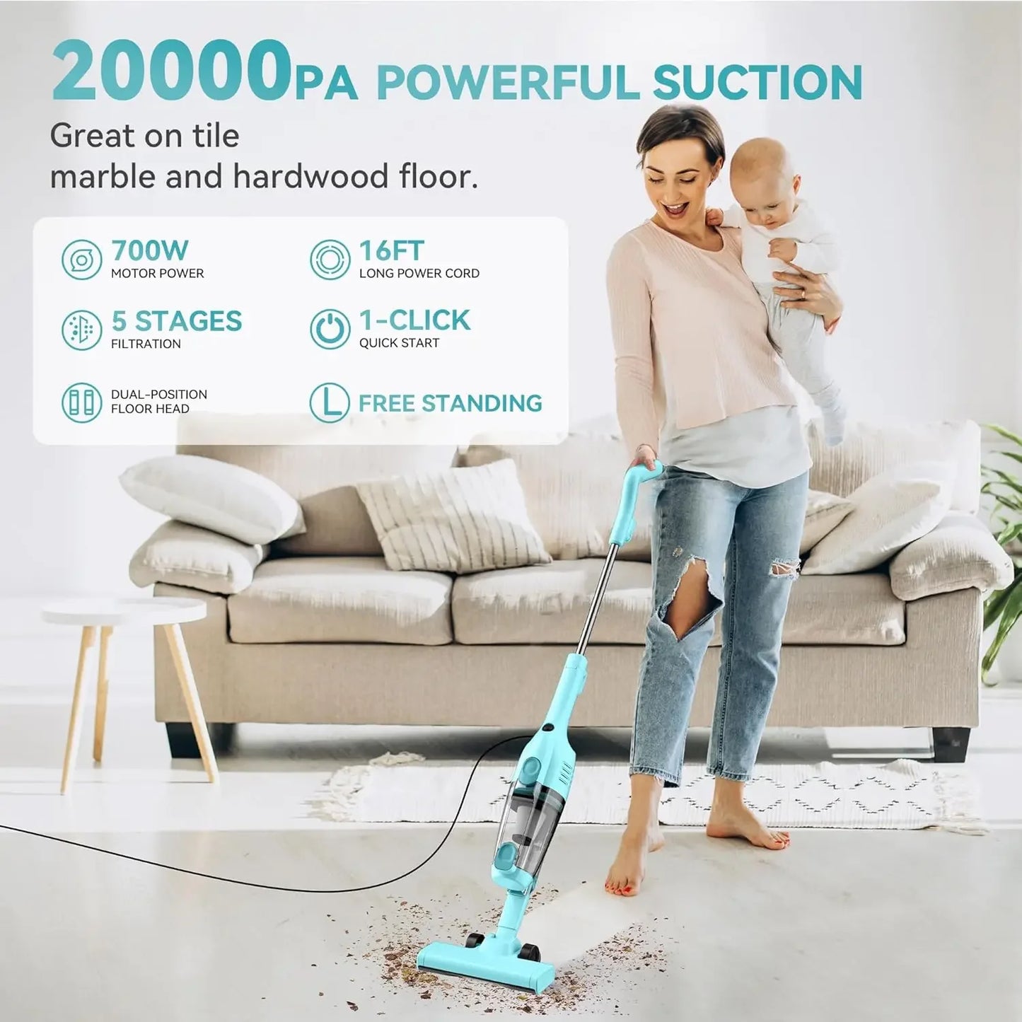 20KPa Powerful Stick Vacuum Cleaner, 16Ft Cord, Lightweight for Hardwood Floors & Pet Hair Peaceful Pleasures Health and Wellness