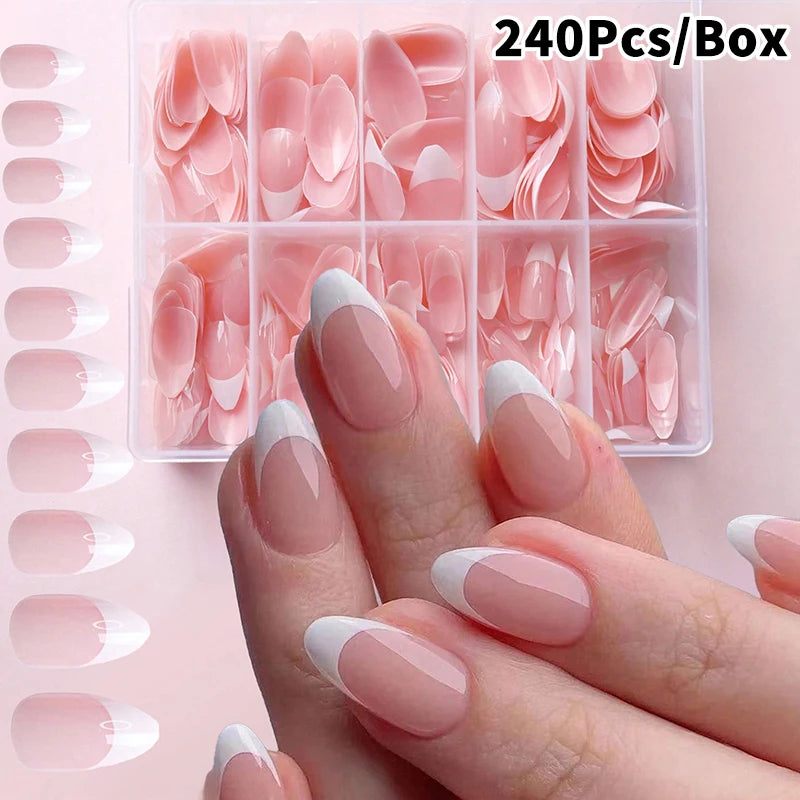120/240/360Pcs/Box Glossy Soft Gel Pink French Nail Tips Medium Almond White Simple Press On Nails Huge Capacity False Nails Peaceful Pleasures Health and Wellness 240Pcs A