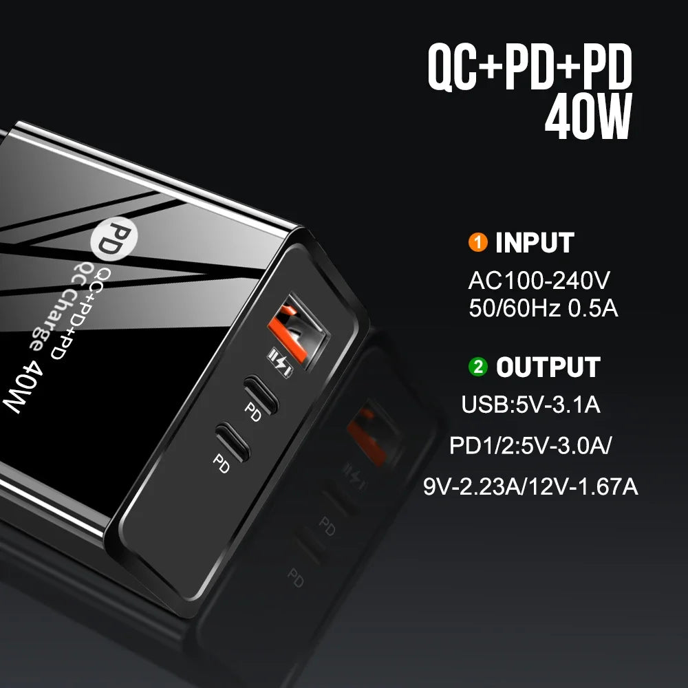 40W 3-Port Fast Charger QC3.0 & Dual PD USB-C Wall Adapter