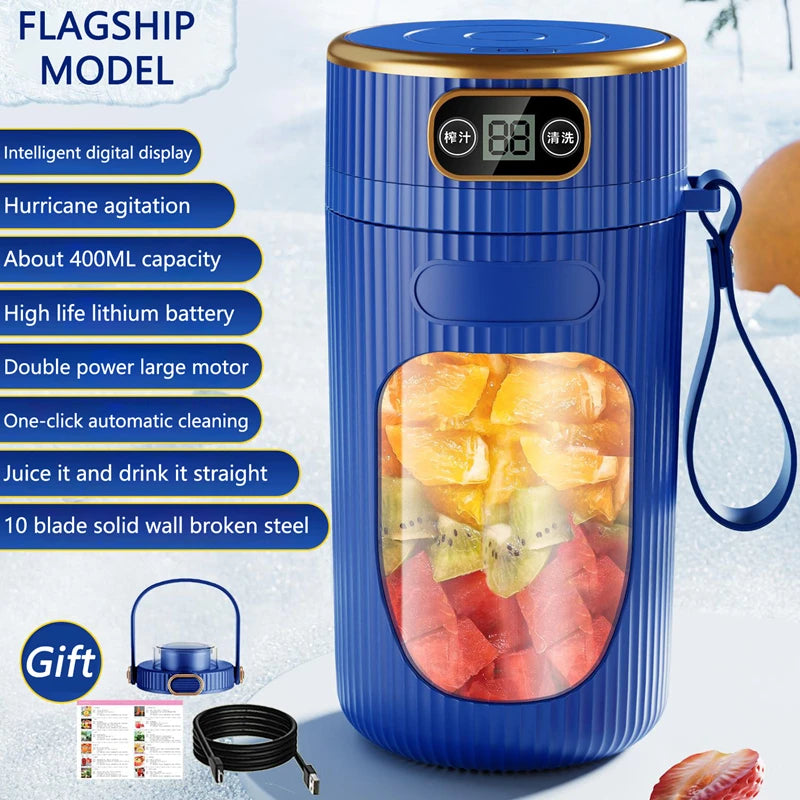 Electric Juicer 10 Blades Portable Blender LED Digital Display Small Juice Cup Rechargeable Wireless Household Milkshake Juice Peaceful Pleasures Health and Wellness Blue Drink Lid Set