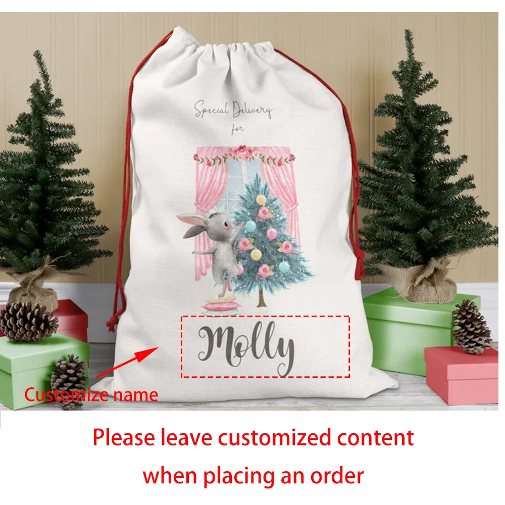 Personalized Pink Bunny Christmas Sack | Large Girl's Santa Bag Christmas Gift Sack Peaceful Pleasures Health and Wellness Personalized bag 1pcs 48x60cm