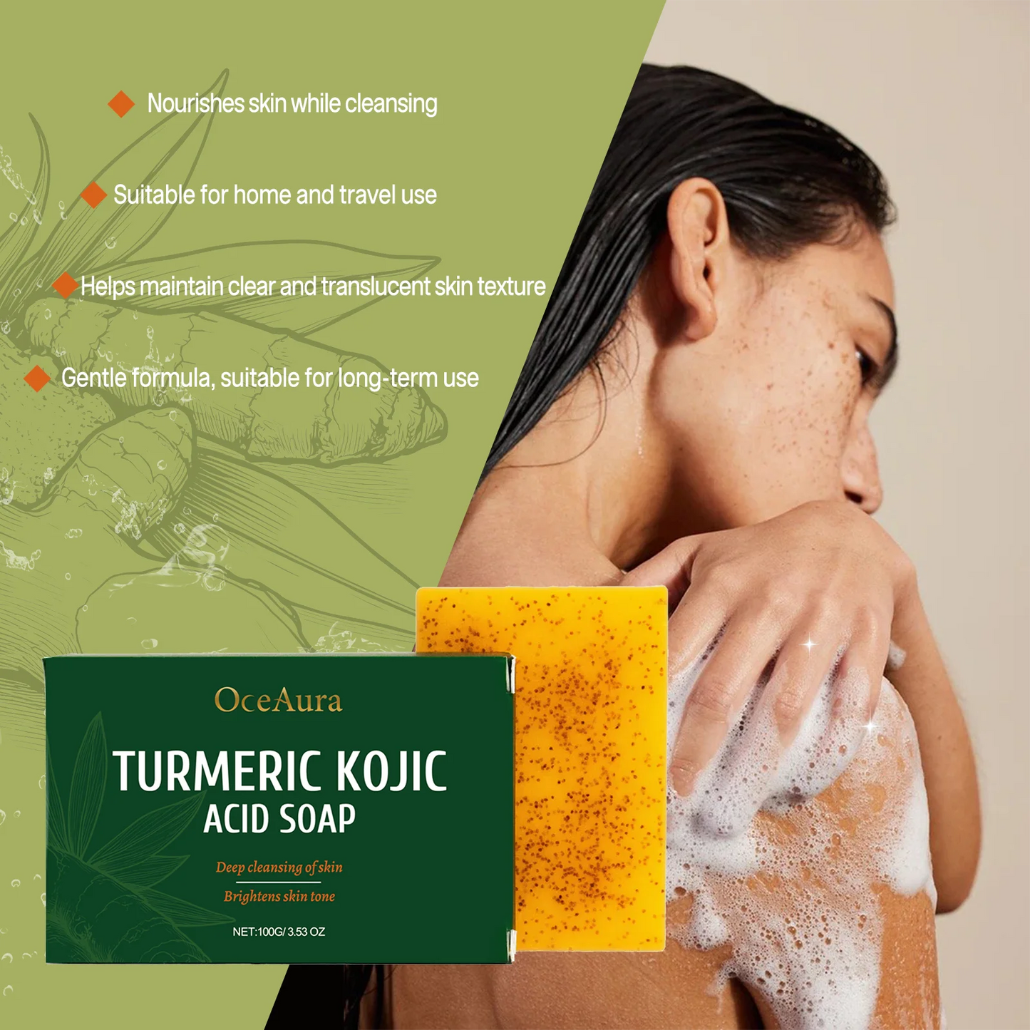 OceAura Turmeric & Kojic Acid Brightening Soap Bar 100g