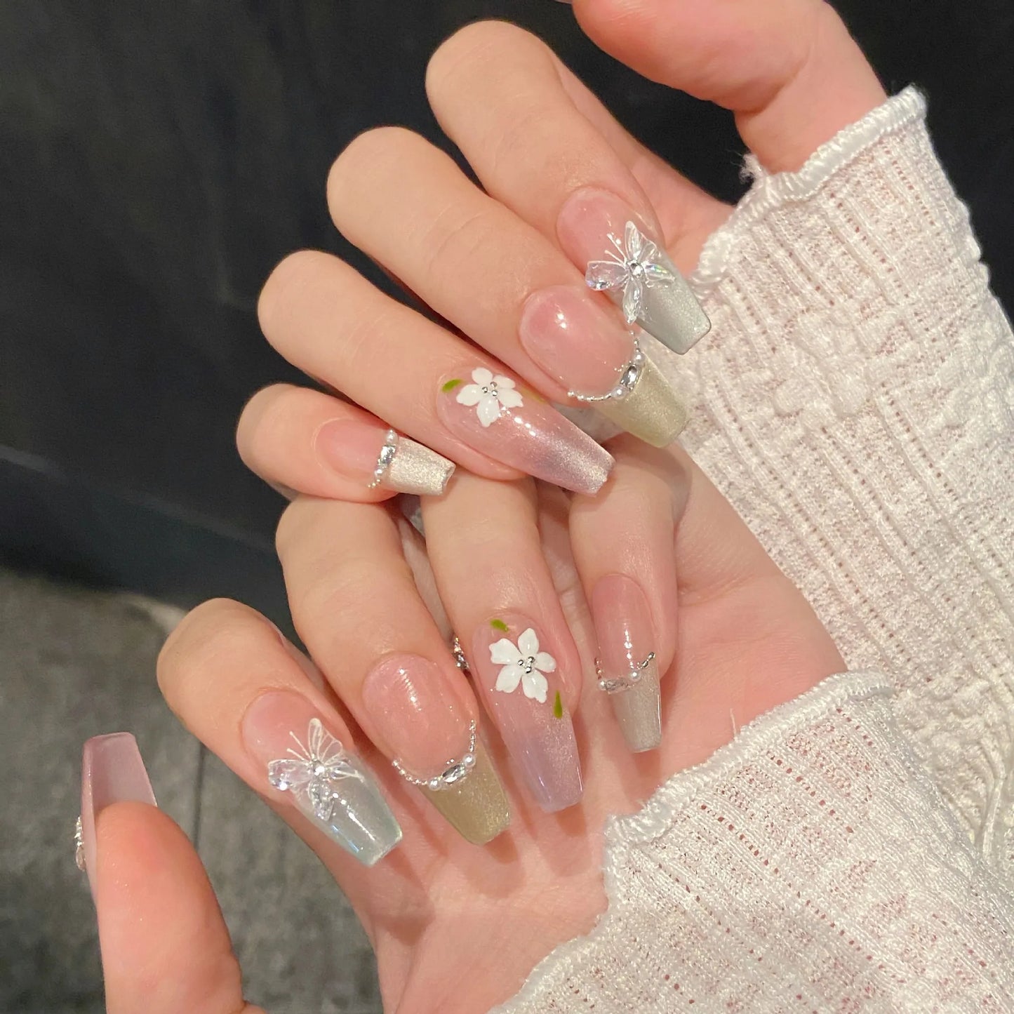 Press On Nails Pink Green Cat Eye Butterfly | Korean French Style