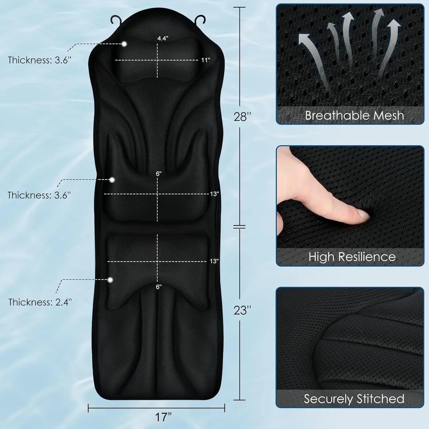 Full Body Bathtub Pillow with Ergonomic Support, Non-Slip Suction Cups & Dual Hooks for Relaxation, 51'' x 17'' Peaceful Pleasures Health and Wellness