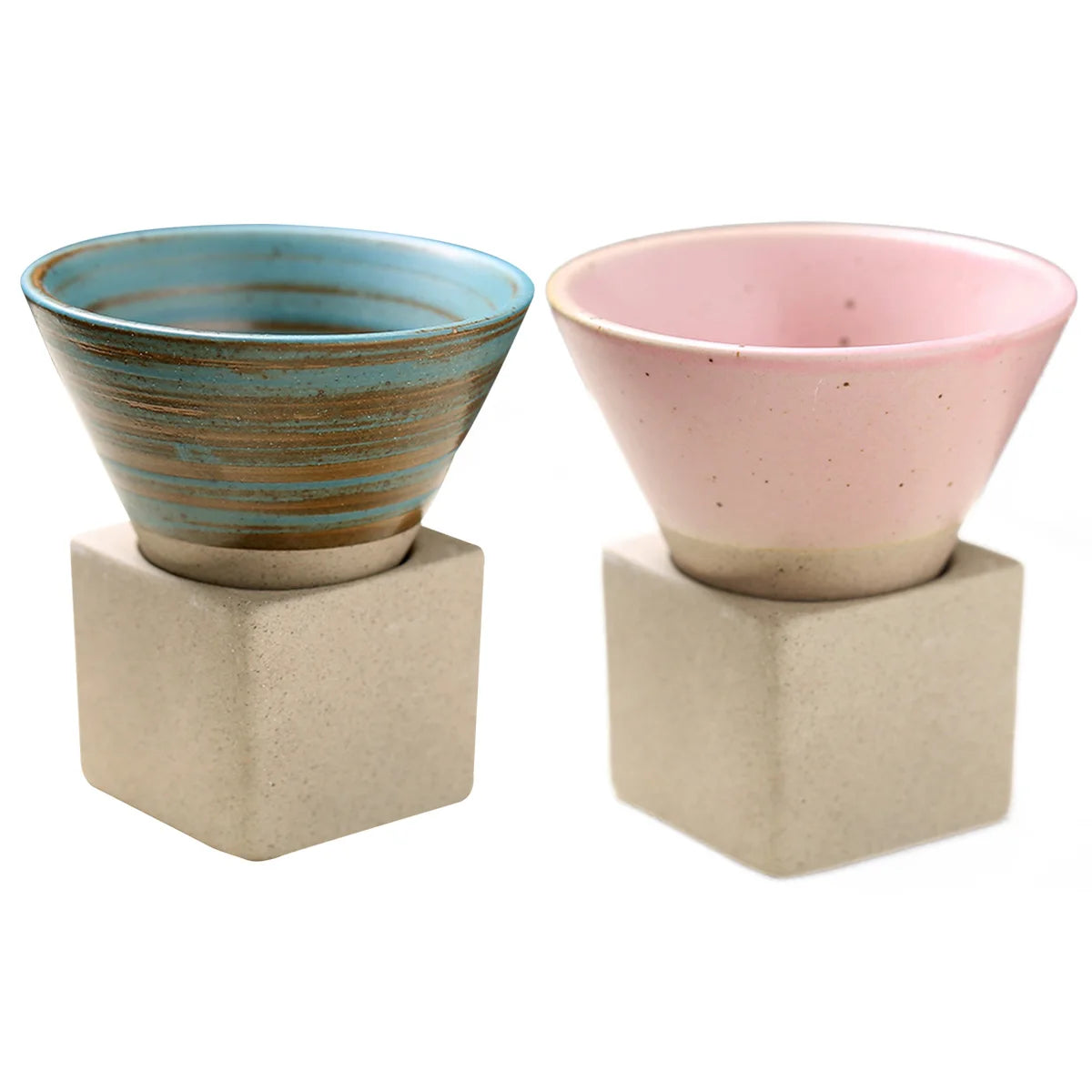 100ml Coarse Pottery Coffee Mugs, Japanese Style Ceramic Tea Cups Triangular Cone Shape Porcelain Retro Mug with Square Base Peaceful Pleasures Health and Wellness A Set of 2 100ml