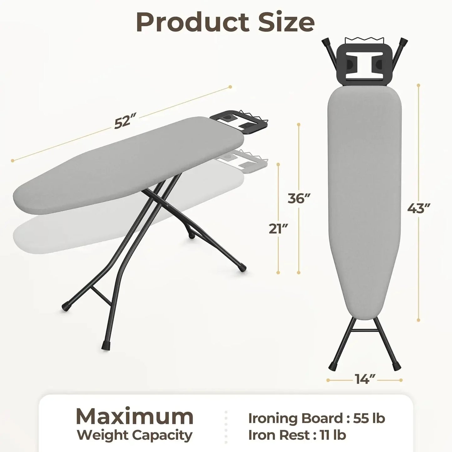 Foldable Ironing Board with 9 Adjustable Heights & Washable Cover Ironing Accessories Peaceful Pleasures Health and Wellness