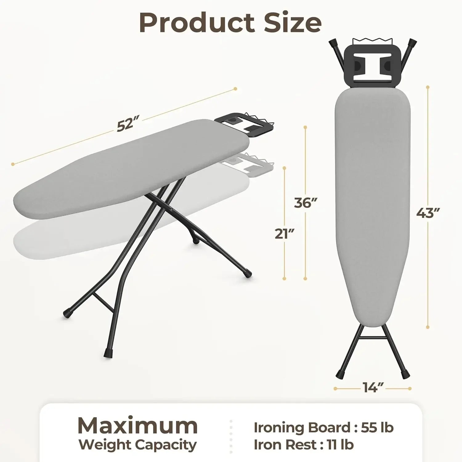 Foldable Ironing Board with 9 Adjustable Heights & Washable Cover Ironing Accessories Peaceful Pleasures Health and Wellness