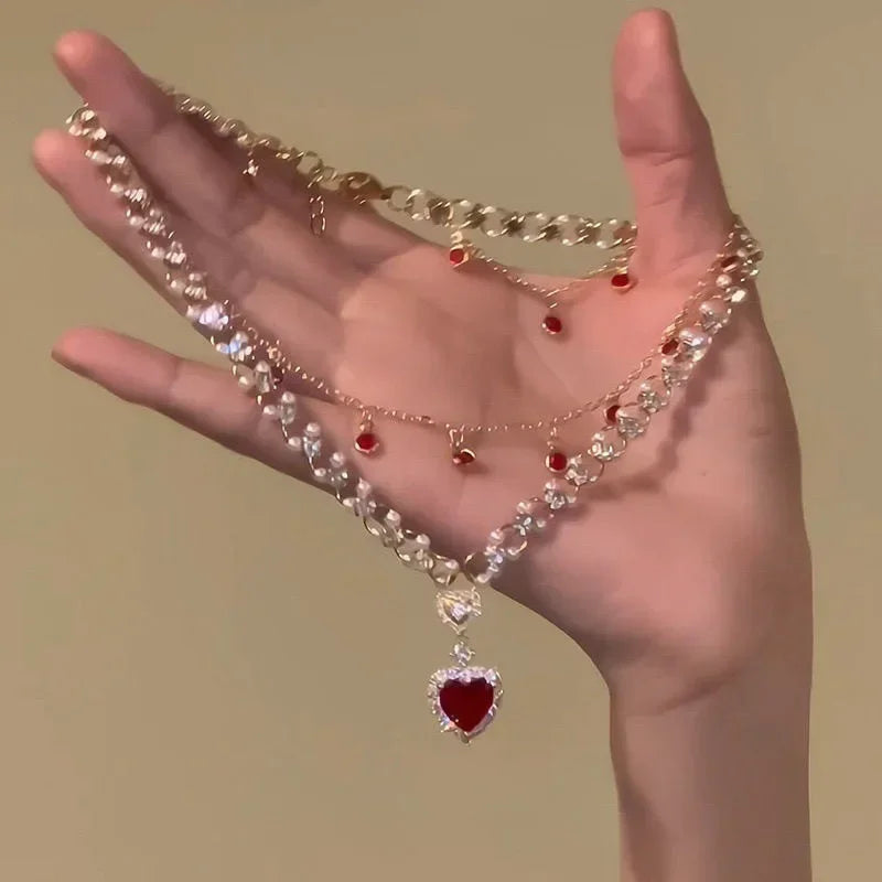 Red Heart-shaped Pearl Double-layered Necklace Creative Princess's Necklace Light Luxury and High-end New Year Collarbone Chain Peaceful Pleasures Health and Wellness RED-BROWN