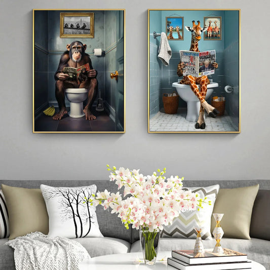 Funny Monkey & Giraffe Toilet Canvas Wall Art | Animal Print Canvas Wall Art Peaceful Pleasures Health and Wellness