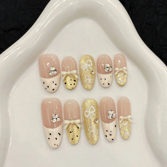 YADORNOS Press On Nails | Korean Bow Gold Cat Eye 10pc Press On Nails Peaceful Pleasures Health and Wellness