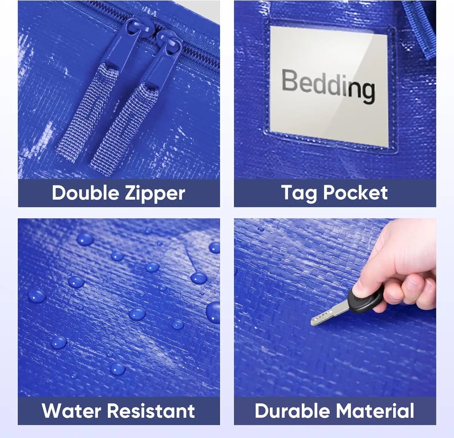 Blue storage bag with features labeled: double zipper, tag pocket, water resistance, and durable material.