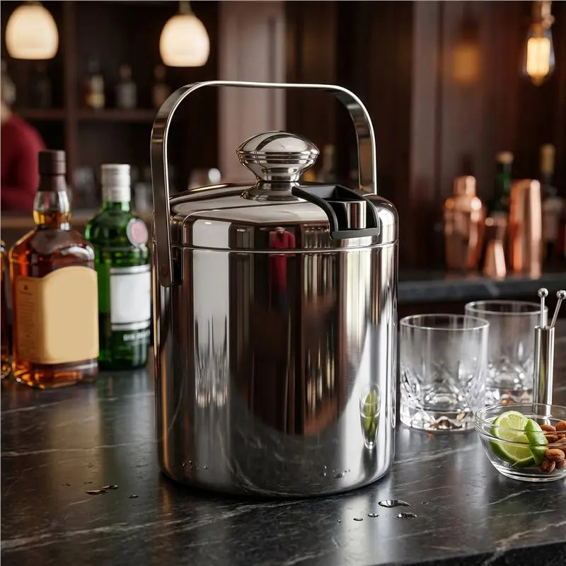 A36T-Stainless Steel Ice Square Container Double Walled 1.3L Ice Bucket Container With Tongs Lid Peaceful Pleasures Health and Wellness