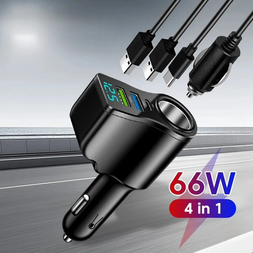 66W 4-Port USB Car Charger with Digital Display | Fast Charge