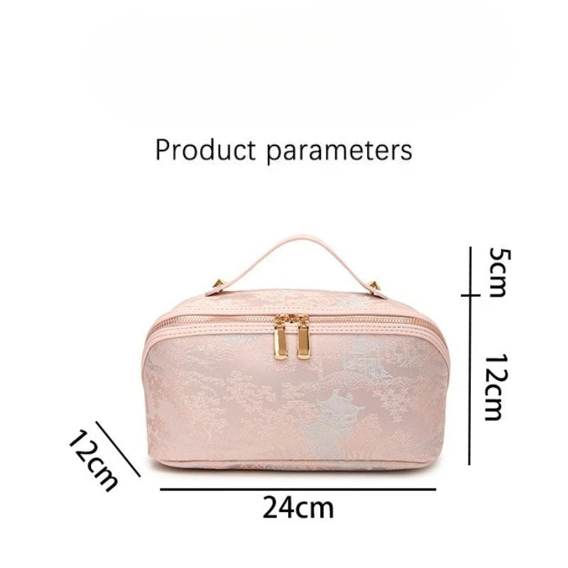 Hot Chinese Style Embroidered Makeup Bag for Women, New Ins Large Capacity Commuting Storage Bag, High-end Handheld Wash Bag Peaceful Pleasures Health and Wellness