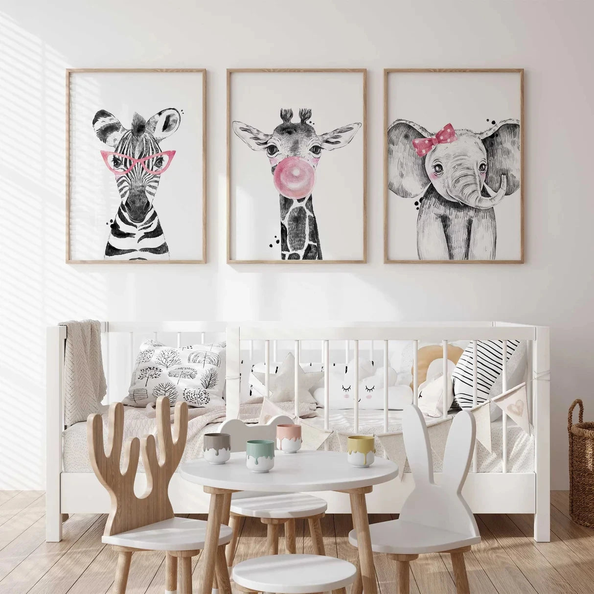 3-Piece Safari Girls Canvas Wall Art | Kids Room Poster Print