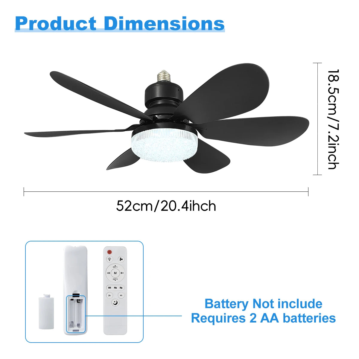 E27 Socket Ceiling Fan with LED Light & Remote Control