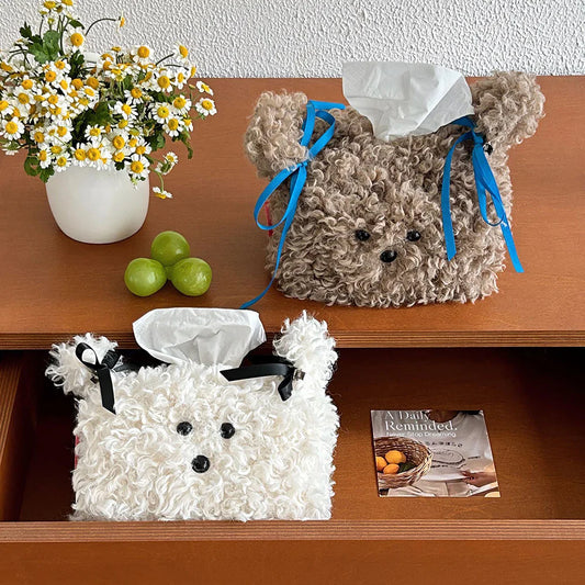 Cute Plush Dog Tissue Box Cover | Puppy Home Desk Decor Tissue Box Cover Oasis Select