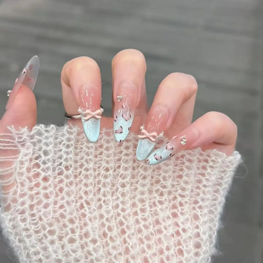 10pcs Handmade Press on Nails Leopard Print Blue Cat Eye Fake Nail Tips Wearable Detachable Spice Girls Long Almond False Nails Peaceful Pleasures Health and Wellness