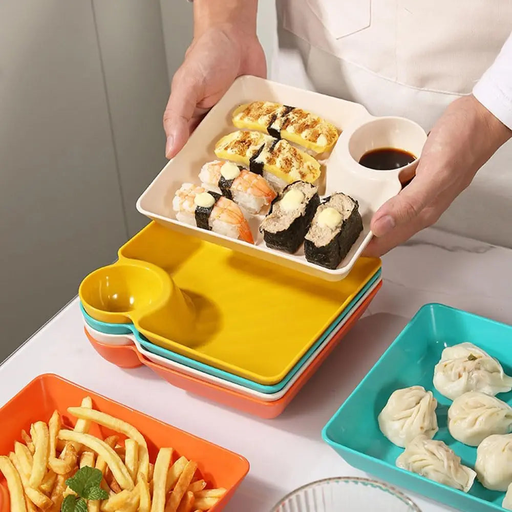 Chip Dip Serving Platter Set, Plastic Dumpling Plates with Sauce Compartment, Square Serving Dish Sushi Plates Peaceful Pleasures Health and Wellness