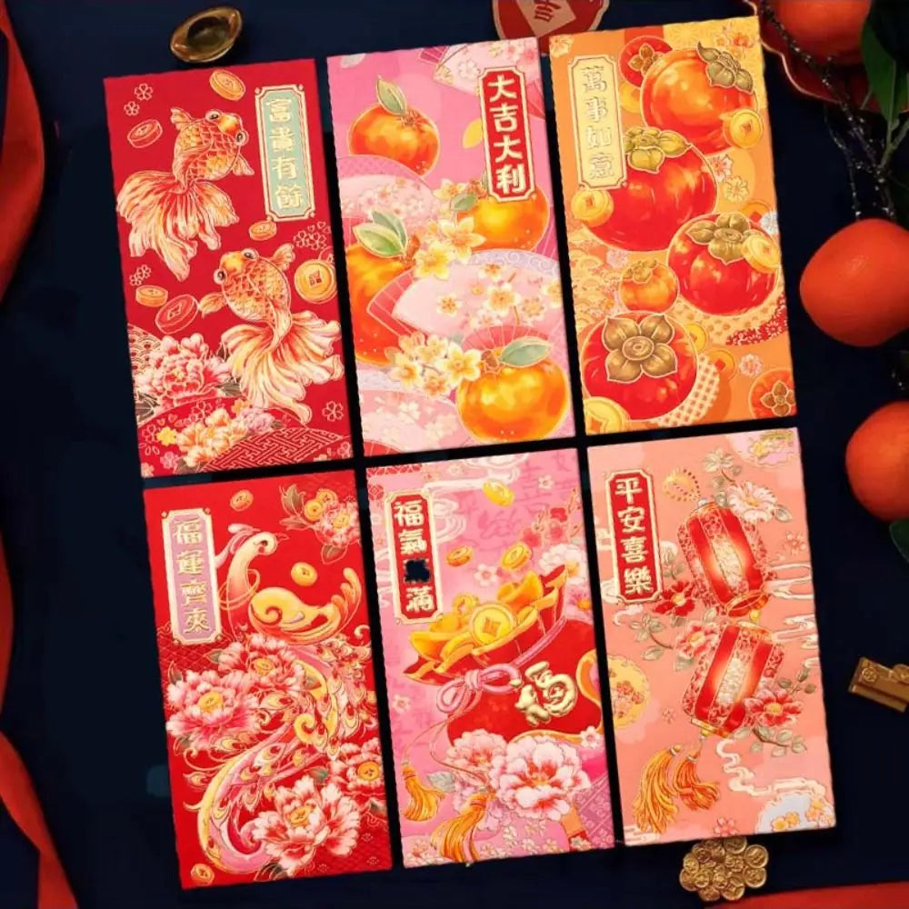 6pcs Hot Stamping Chinese New Year Red Envelope Rectangular Mixed Pattern Red Packet Thickened Solid Lucky Money Bag Peaceful Pleasures Health and Wellness