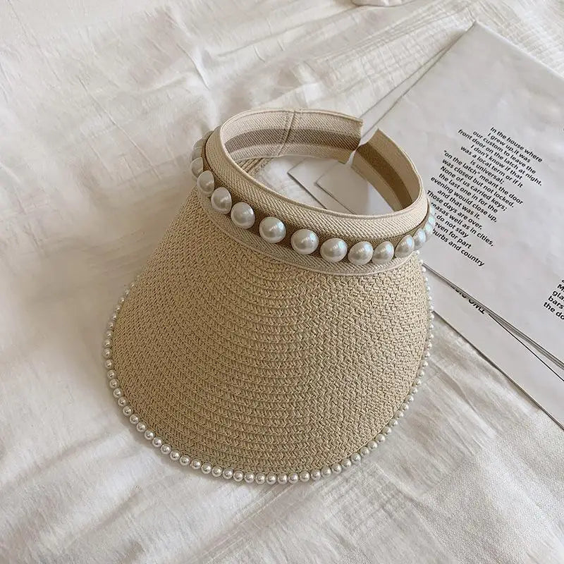 Women's Wide Brim Pearl Straw Sun Hat – Elegant Beach Cap