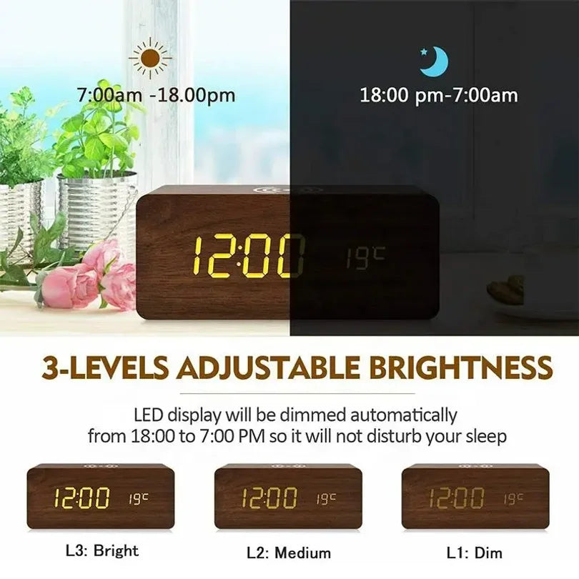 Wooden Digital Alarm Clock with Wireless Charging LED Clock with Time Date Temperature Desk Clocks for Office Bedside Clock Peaceful Pleasures Health and Wellness