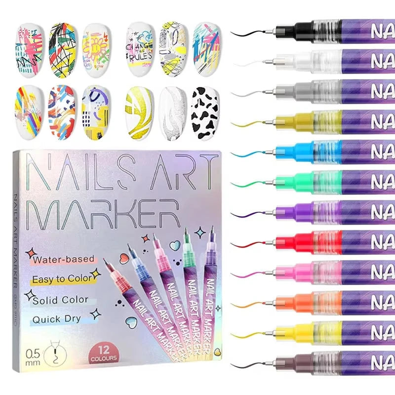 12-Piece Nail Art Graffiti Pen Set – Waterproof Colour Markers