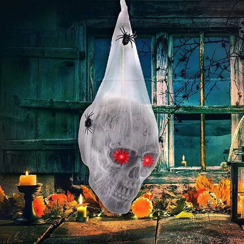 Halloween Sound Activated Glowing Spider Skull Prop Cotton Web Horror