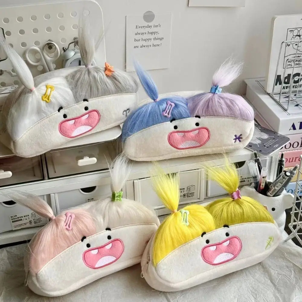 DIY Fluffy Hair Afro-Hair Doll Pen Bag Large Capacity Kawaii Pencil Case Holder Funny Zipper Soft Pen Bag Gift Peaceful Pleasures Health and Wellness