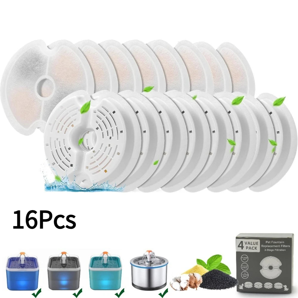 Dog Cat Water Fountain Filter Replacement Kit Pet Drinking Fountain Filters 3 Triple Filtration System Replacement Filters Peaceful Pleasures Health and Wellness 16 Pcs