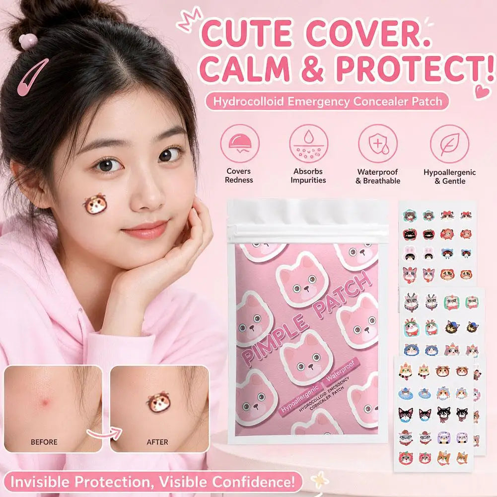 100pcs Cute Cat Pimple Patches Cartoon Acne Spot Covering Stickers Waterproof Breathable Skincare Stickers Invisible Makeup Tool Peaceful Pleasures Health and Wellness