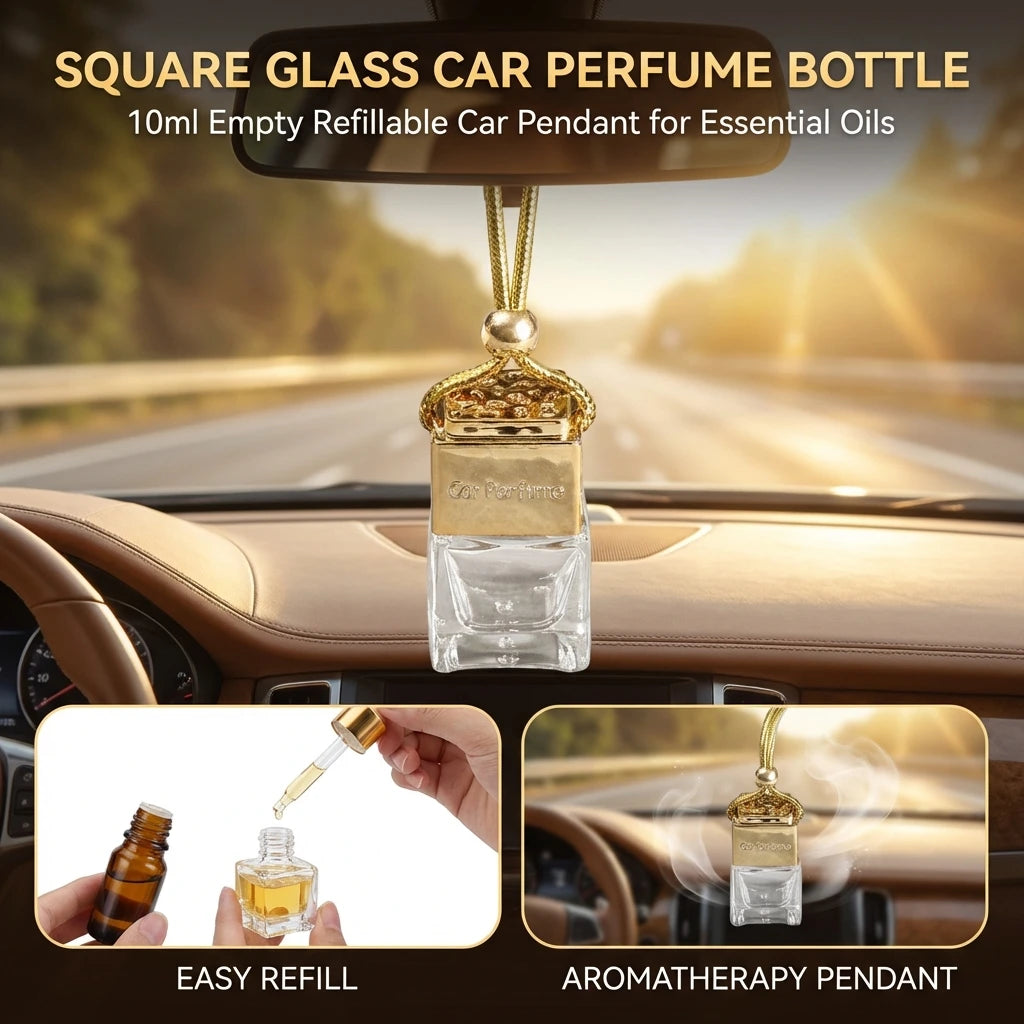 Square Glass Car Perfume Bottle 10ml Water Cube Design Essential Oil Container with Hanging Rope Peaceful Pleasures Health and Wellness