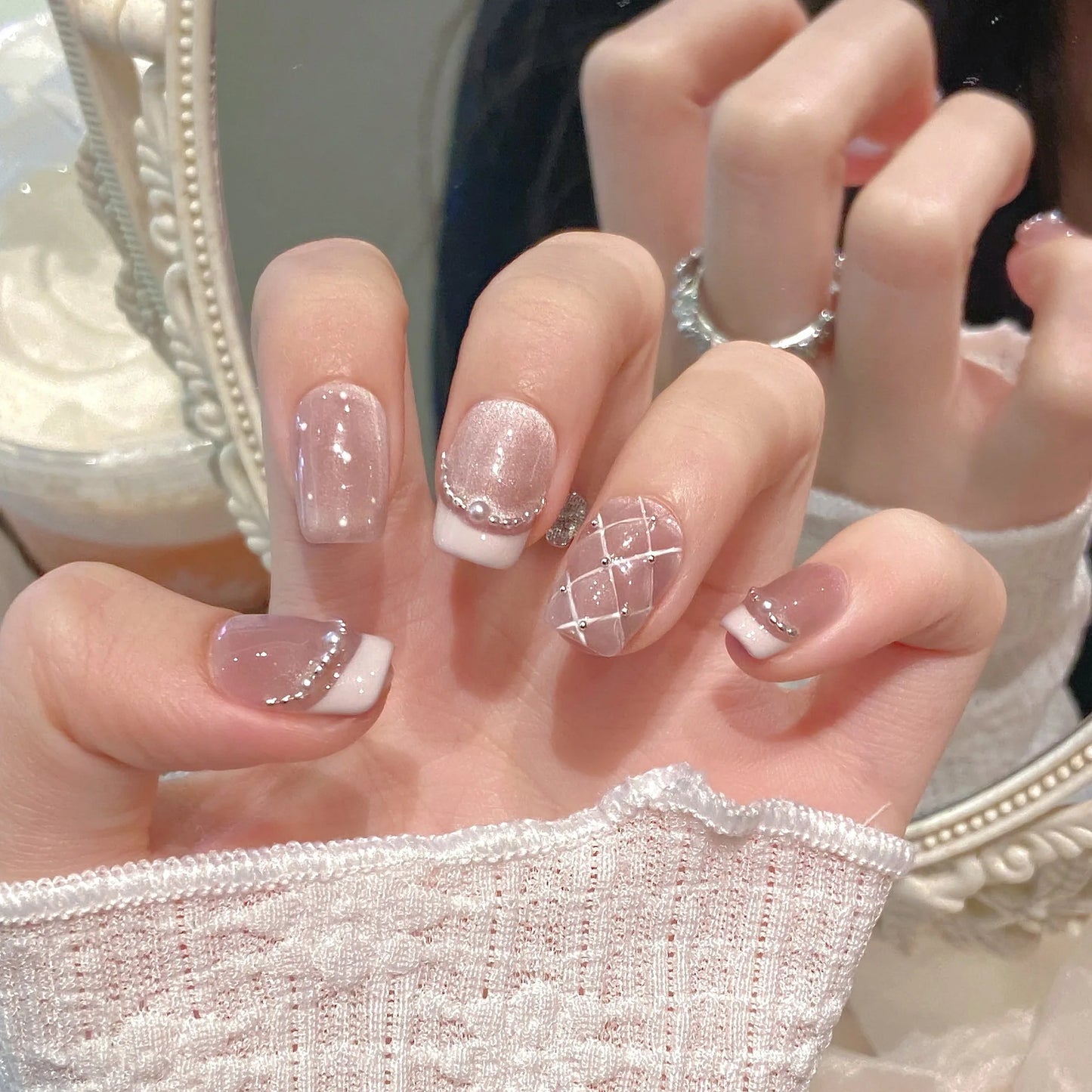 Handmade Sweet Diamond Grid Decor Press on Nails French Shiny Pink Cat Eye Fake Nails Wearable Reusable Korean Bride False Nails Peaceful Pleasures Health and Wellness XS