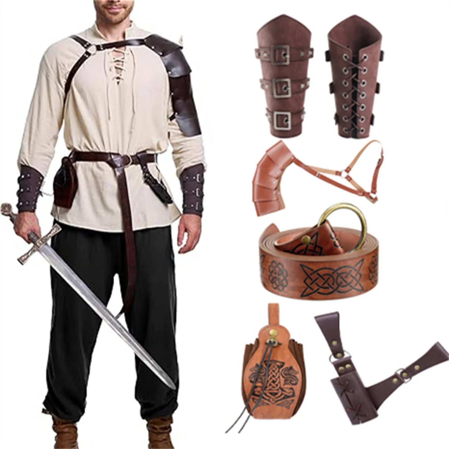 Men's Renaissance Costume Halloween Medieval Pirate Shirt Pant Viking