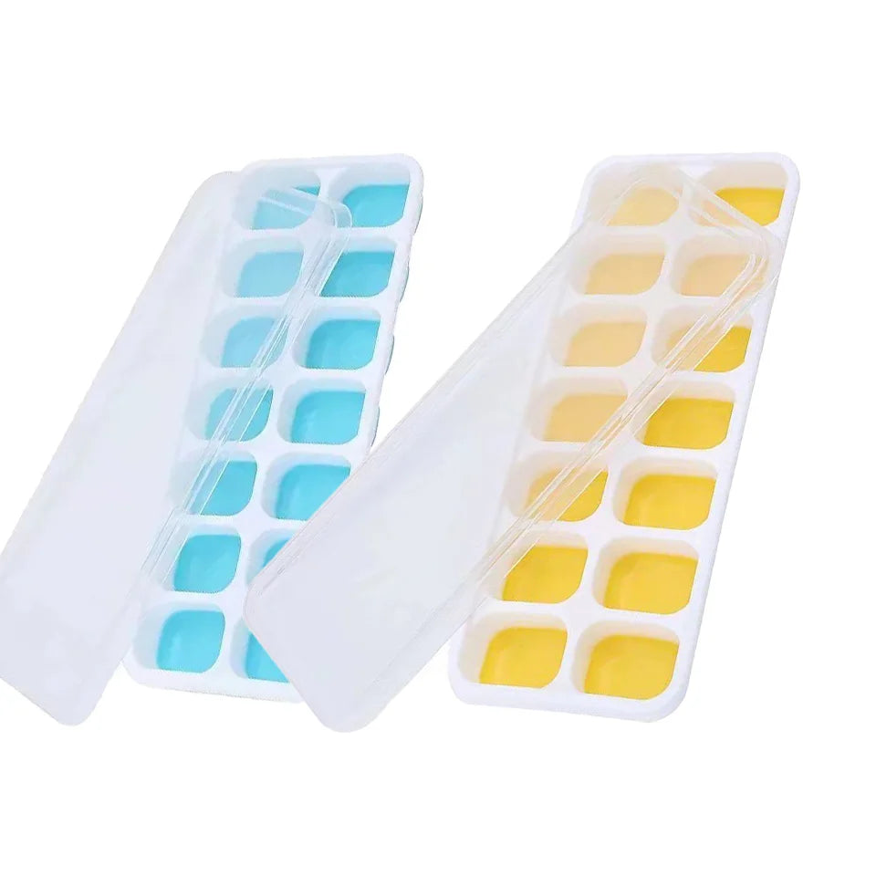 2/4pcs Ice Cube Tray Mold with Lid Silicone Square 14 Cube Easy Release Ice Cube Molds Kitchen Bar DIY Iced Cocktail Freeze Tool Peaceful Pleasures Health and Wellness Blue and Yellow