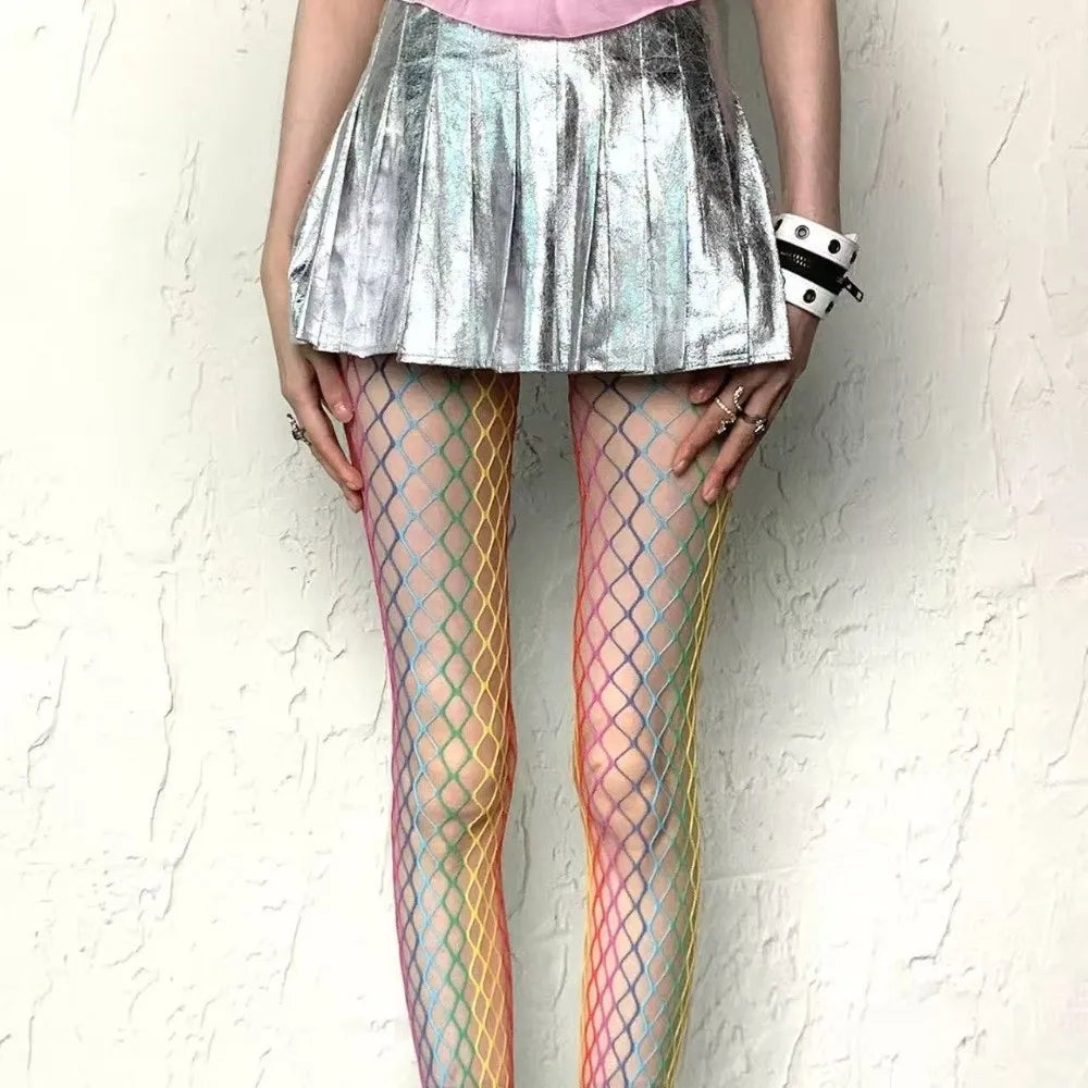 Y2K Rainbow Fishnet Stockings – Gradient Mesh High Waist Tights