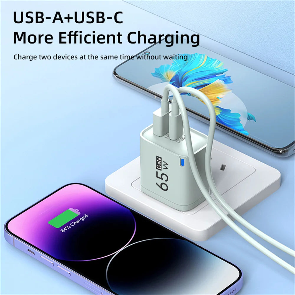 65W GaN Fast Charger 3-Port USB-C PD QC 3.0 Wall Charger