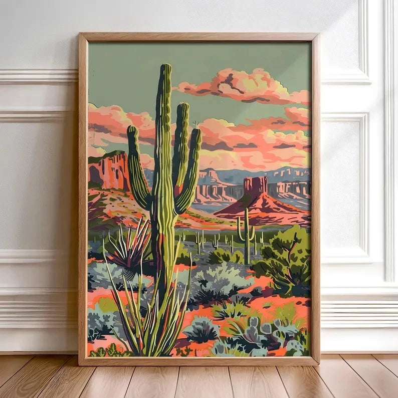 Retro Southwestern Cactus Desert Canvas Wall Art Print