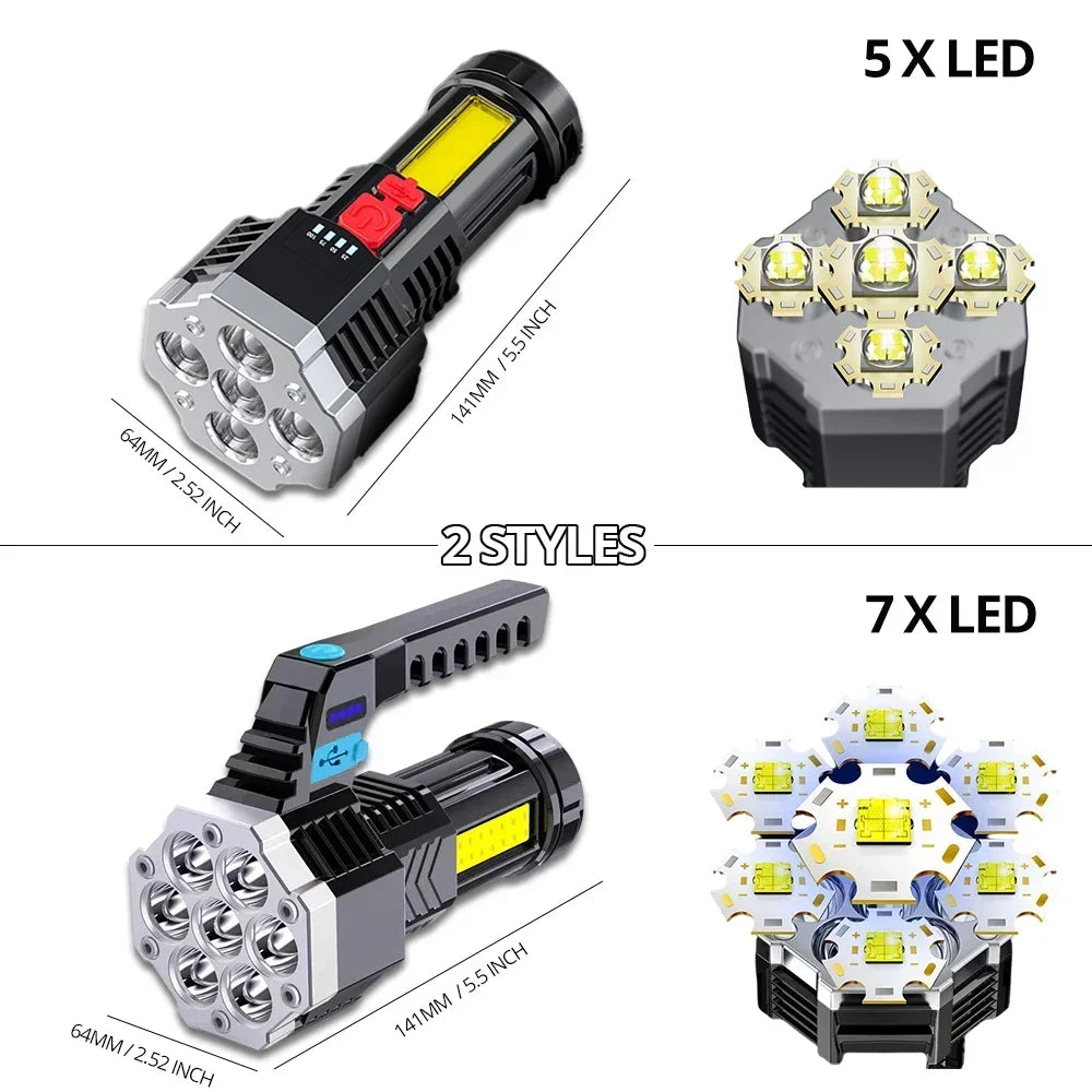 ESMARTER 7LED Rechargeable Flashlight COB Side Light 1000lm