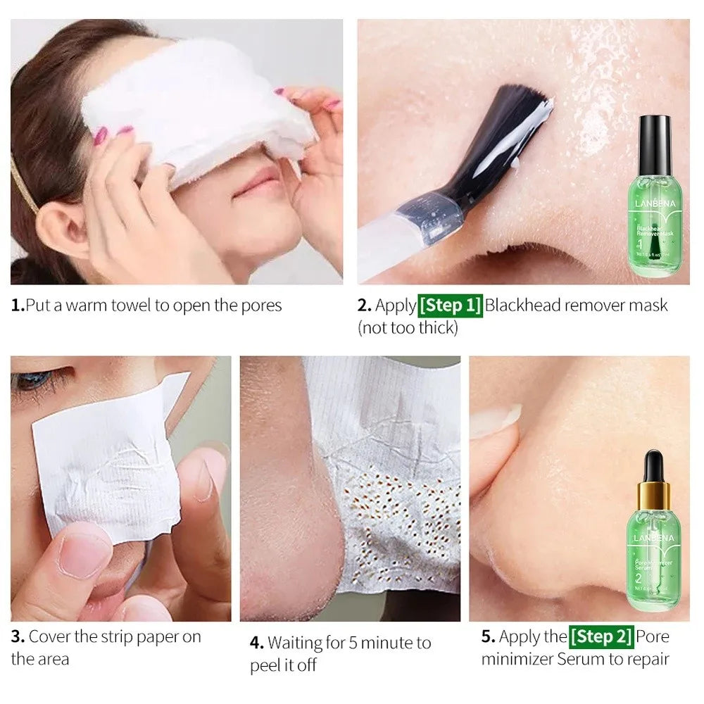 LANBENA Blackhead Remover Mask + Shrinks Pore Serum (Step 1+Step 2) Facial Acne Treatment 17ml Peaceful Pleasures Health and Wellness