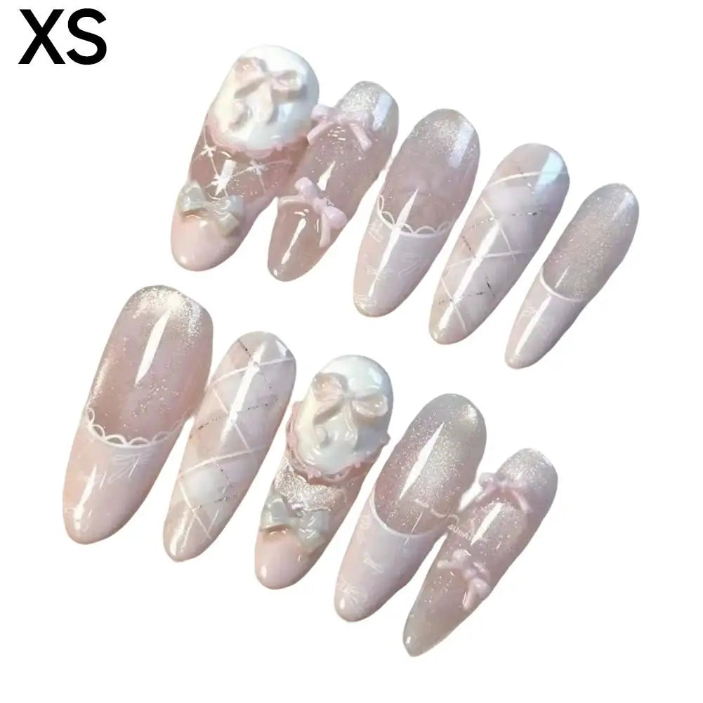 Gentle Sweet Lovely Handmade Long Coffin Ellipse French Full Cover Nail Flower Bowknot Star Cat Eyes Diamond Pearl Press On Nail Peaceful Pleasures Health and Wellness XS