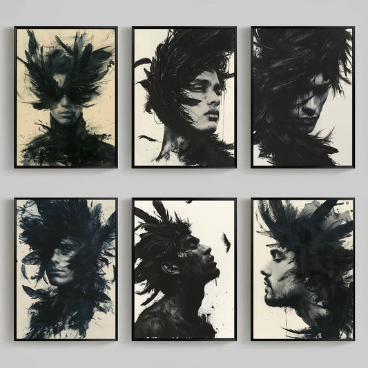 Black & White Feathers Man Canvas Wall Art | Modern Abstract Canvas Wall Art Peaceful Pleasures Health and Wellness