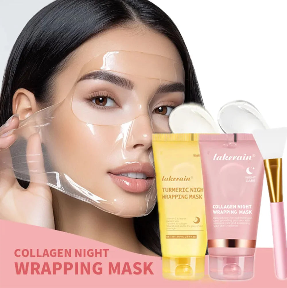 3pcs/set Collagen Night Wrapping Mask And Brush Turmeric Facial Mask Deep Hydration Moisturizing Sleeping SkinCare Korean Makeup Peaceful Pleasures Health and Wellness